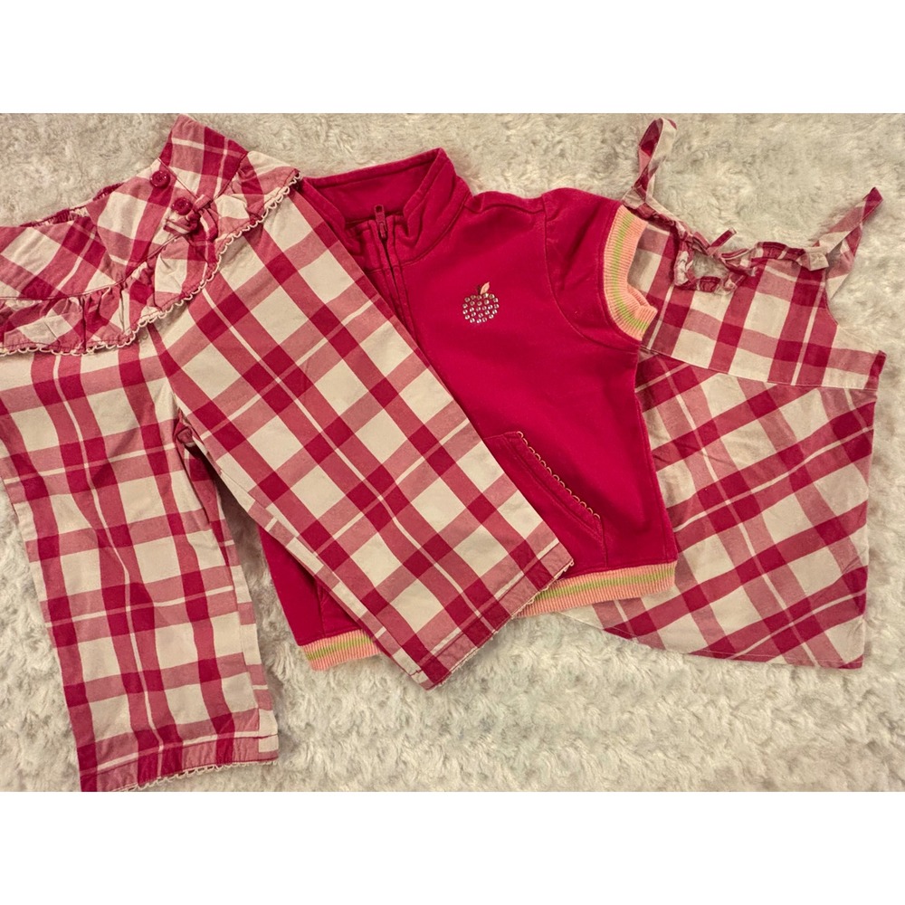 Gymboree Candy Apple Pink Plaid Swing Top Pants & Rhinestone Vest LOT 5 5T EUC